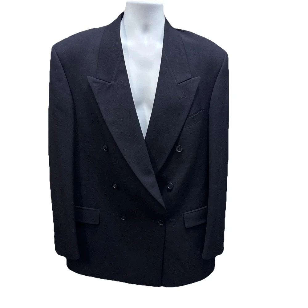 VTG 90s Pierre Cardin‎ Men 100% Wool USA Made Double Breasted Blazer Jacket Navy